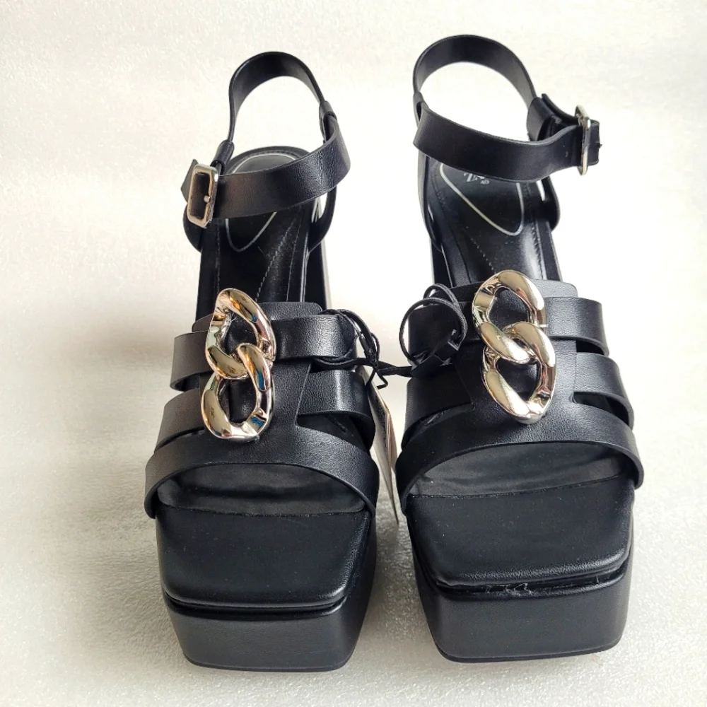 NWT Zara Chunky Black Platform Sandals with Chain Detail Size 9 - Picture 5 of 16